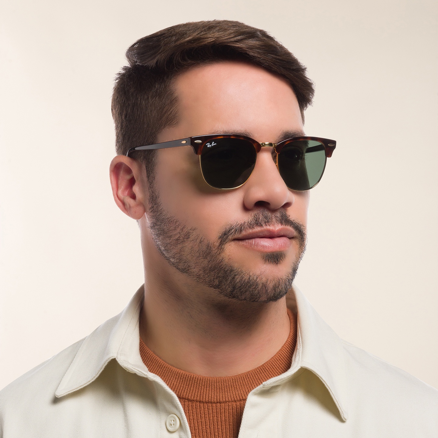 Ray-Ban Clubmaster Classic Square Sunglasses in Tortoise On Gold – Model Photo 1