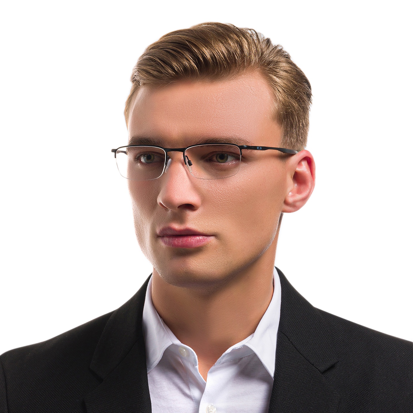 Oakley Barrelhouse™ Half-Rim Rectangle Eyeglasses in Matte Black – Model Photo 1