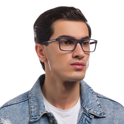 Emporio Armani Wide Rectangle Eyeglasses in Dark Blue Rubber – Model Photo 5
