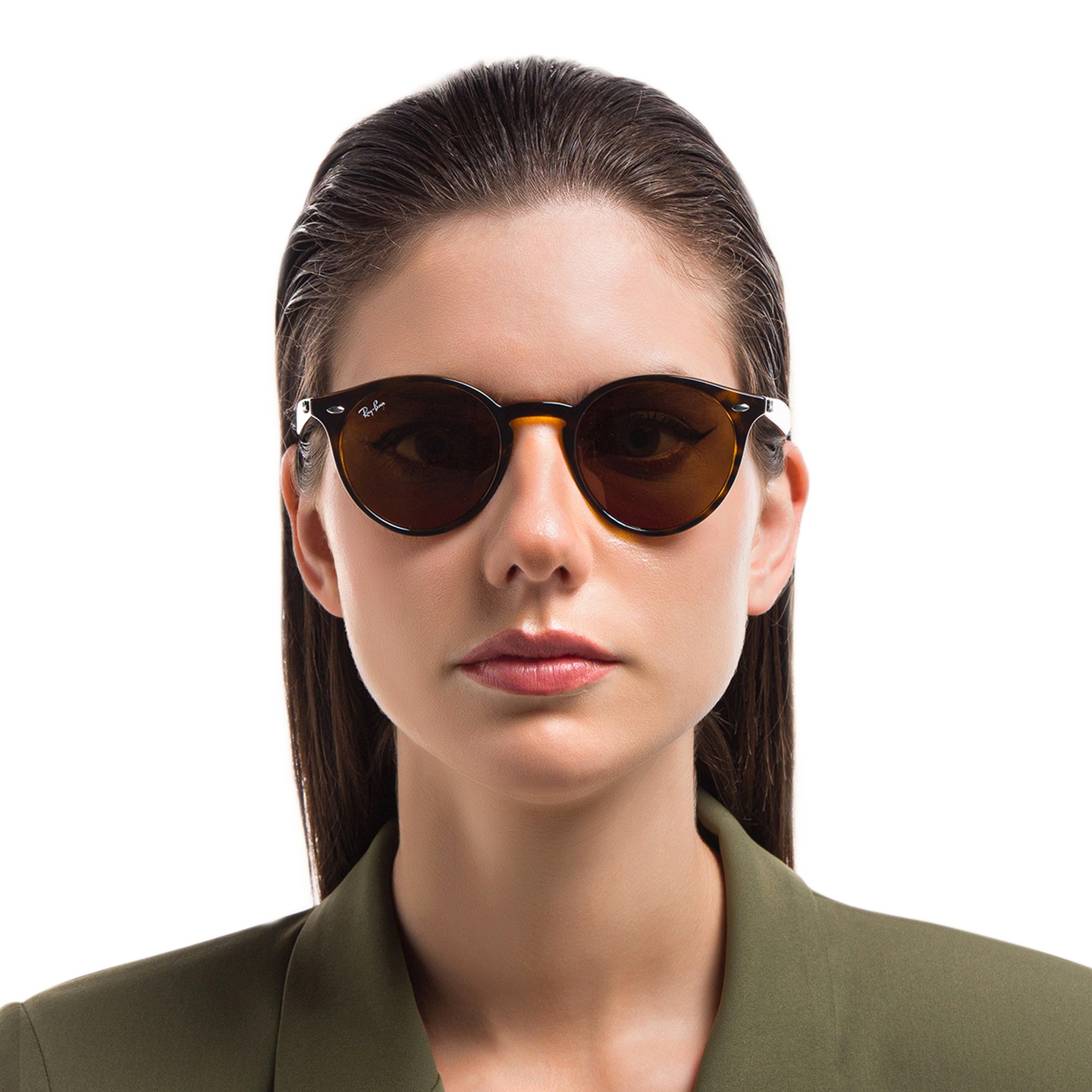Ray-Ban Unisex Round Sunglasses in Light Havana – Model Photo 1