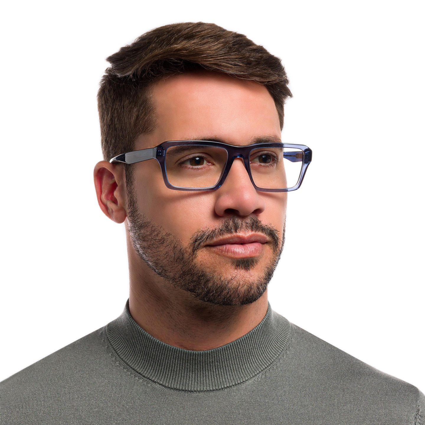 Emporio Armani Wide Rectangle Eyeglasses in Shiny Transparent Blue – Model Photo 1