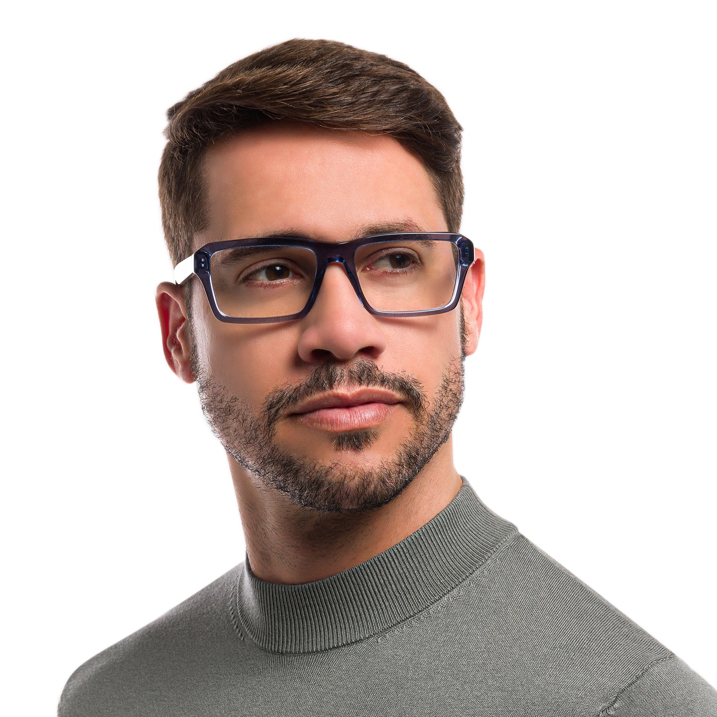 Emporio Armani Wide Rectangle Eyeglasses in Shiny Transparent Blue – Model Photo 4