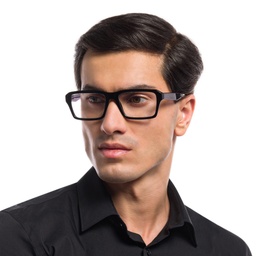 Emporio Armani Wide Rectangle Eyeglasses in Shiny Black – Model Photo 2