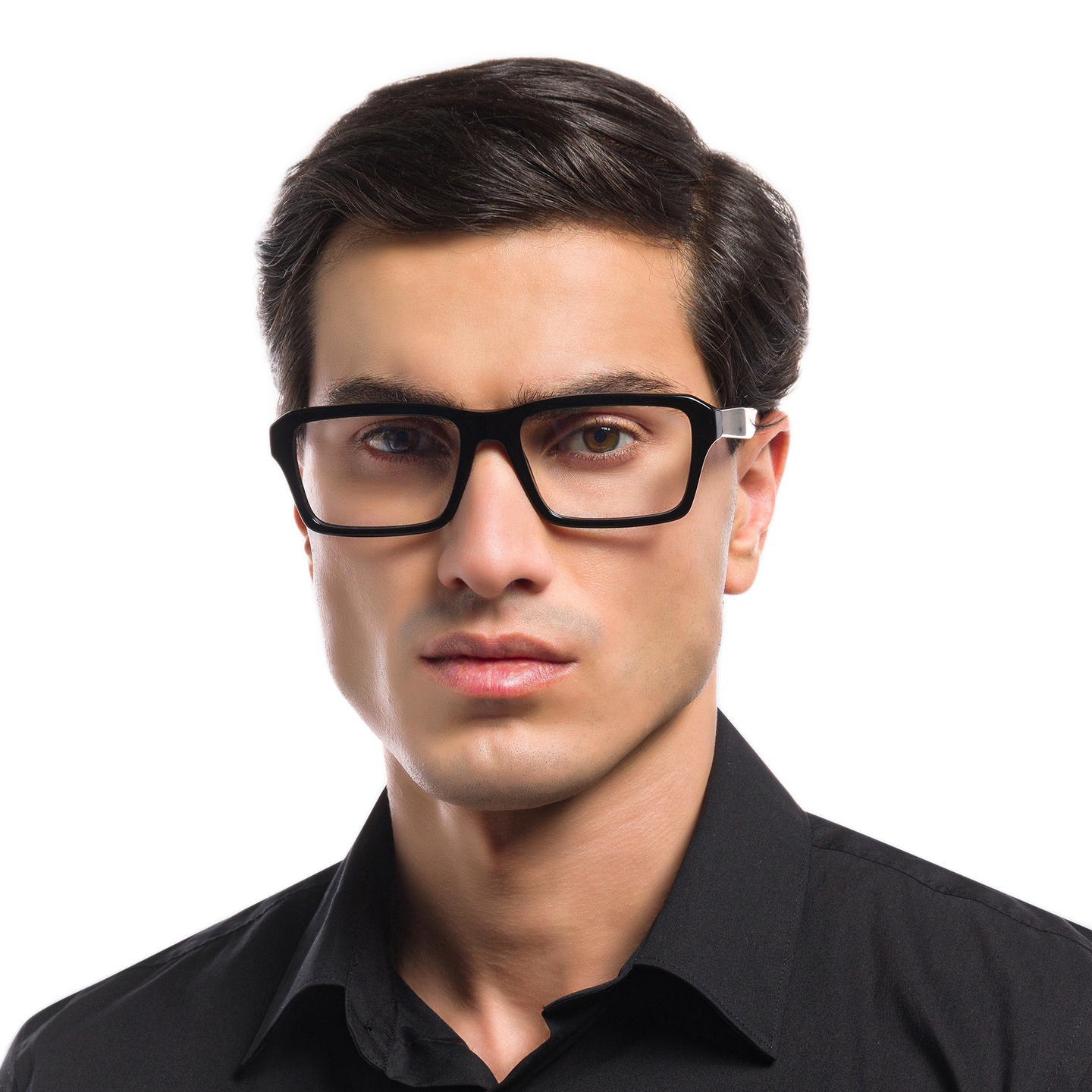 Emporio Armani Wide Rectangle Eyeglasses in Shiny Black – Model Photo 4