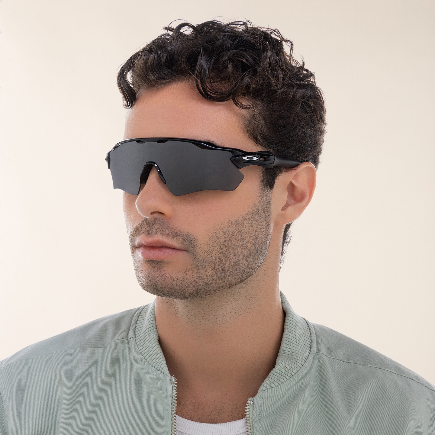 Oakley Radar EV Path Half-Rim Mask Sunglasses in Polished Black – Model Photo 1