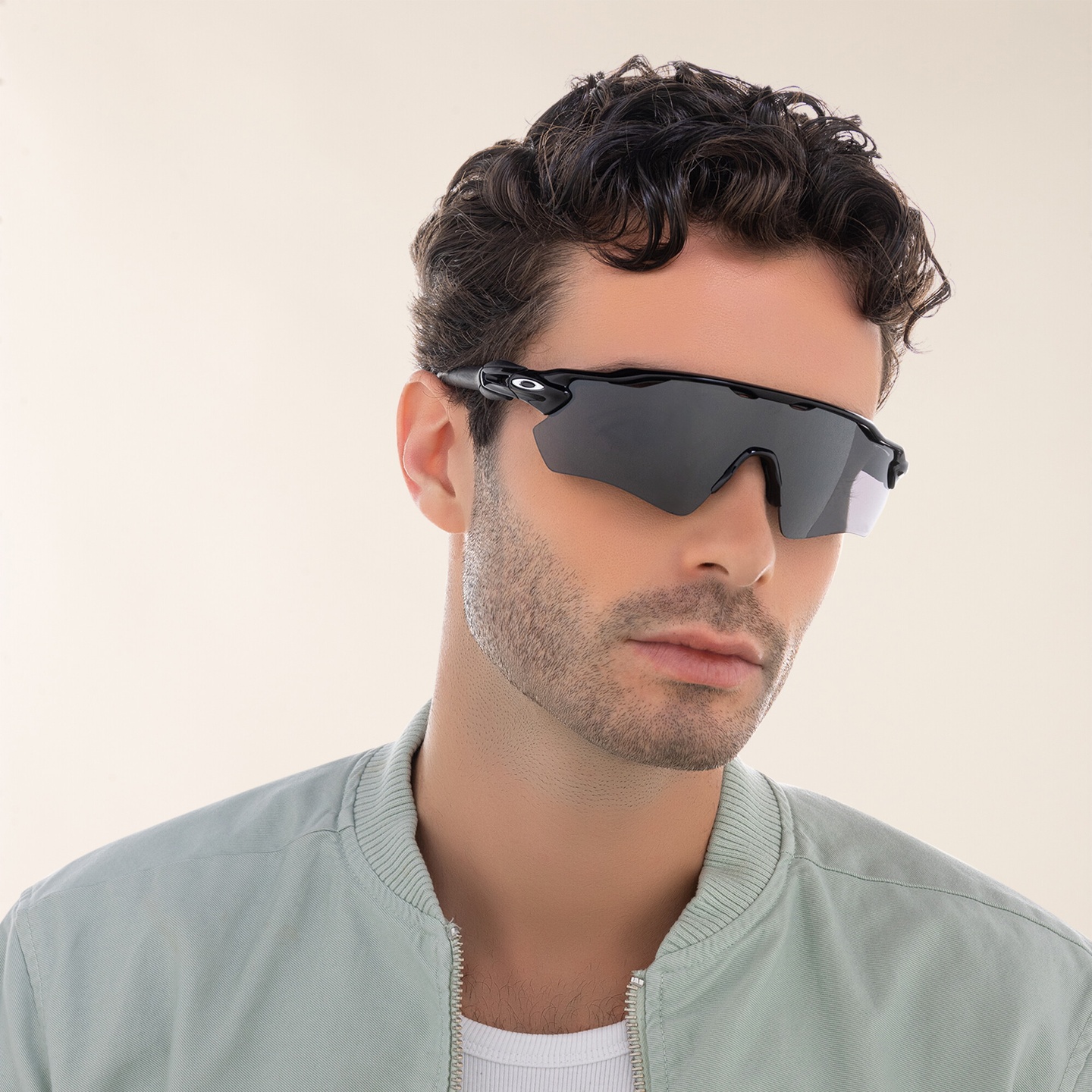 Oakley Radar EV Path Half-Rim Mask Sunglasses in Polished Black – Model Photo 5