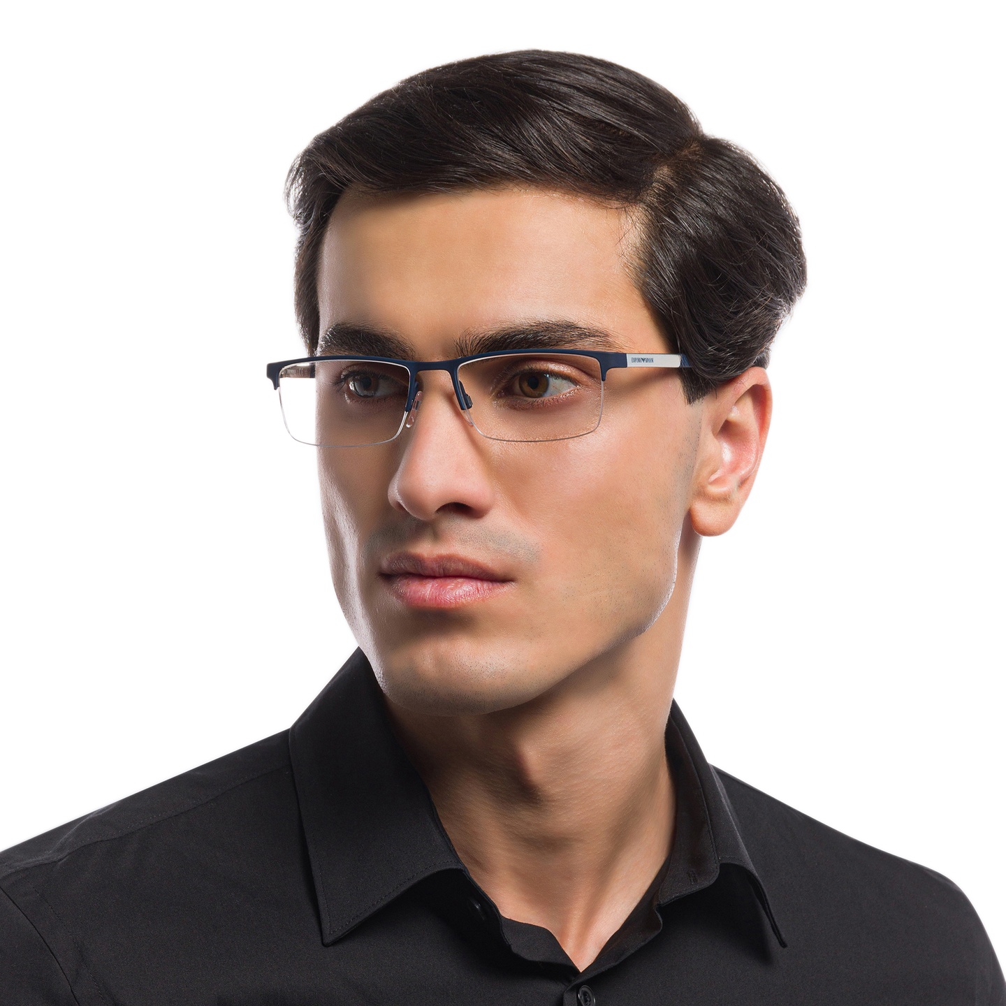 Emporio Armani Half Rim Rectangle Eyeglasses in Rubber Blue – Model Photo 4