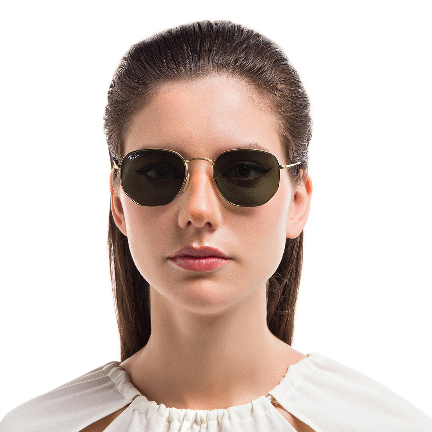 Ray-Ban Hexagonal Flat Lenses Sunglasses in Gold – Model Photo 1