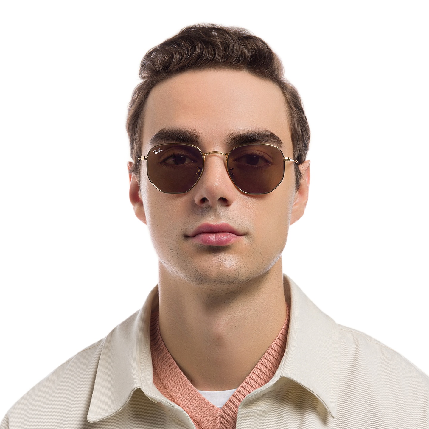 Ray-Ban Hexagonal Unisex Sunglasses in Gold – Model Photo 5