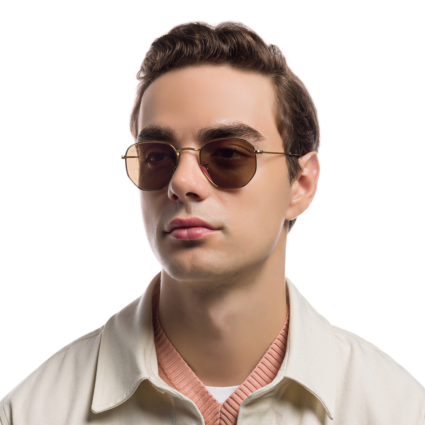 Ray-Ban Hexagonal Unisex Sunglasses in Gold – Model Photo 6