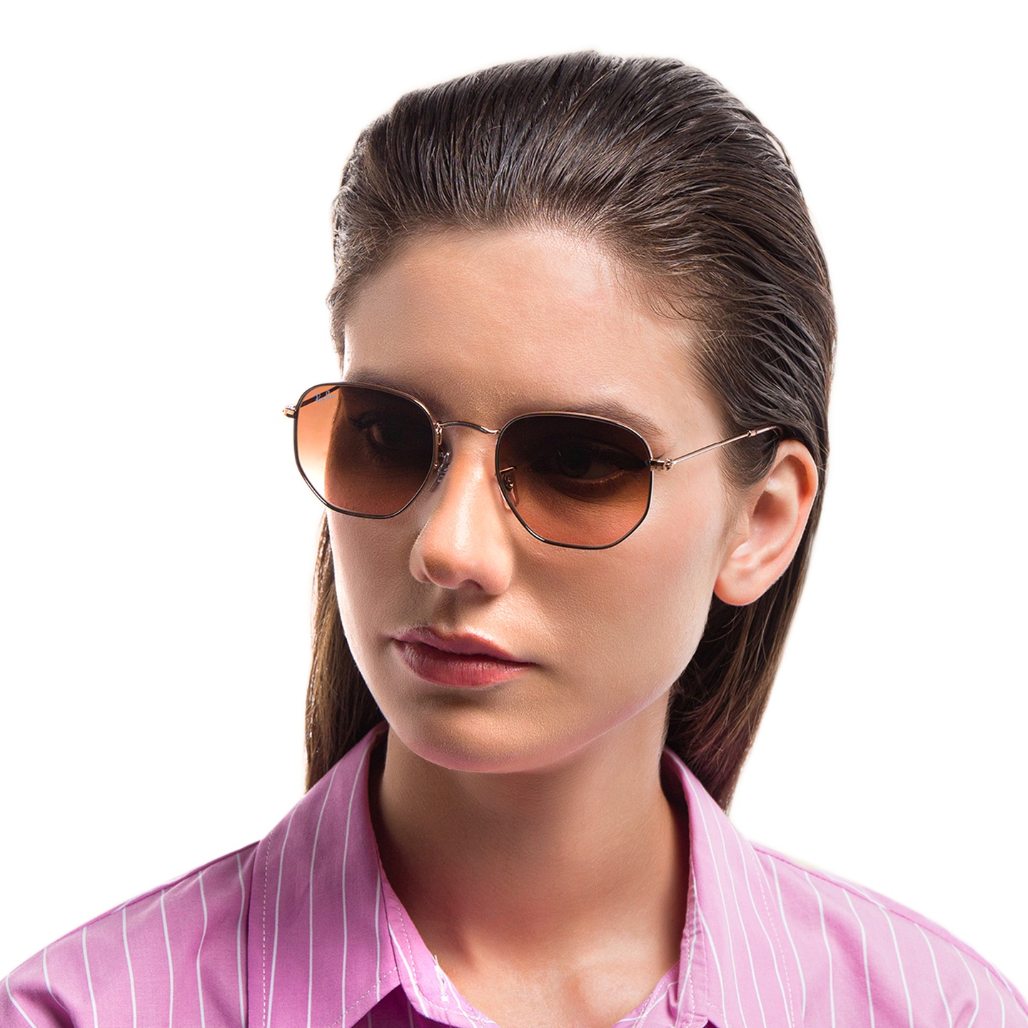 Ray-Ban Hexagonal Flat Lenses Sunglasses in Copper – Model Photo 1