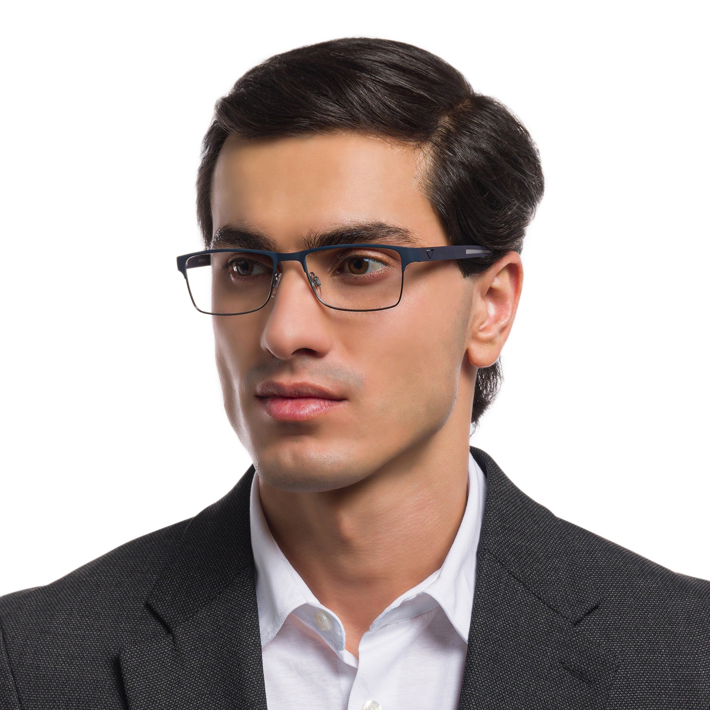 Shop Emporio Armani Rectangle Eyeglasses in Rubber Blue & Gunmetal online.