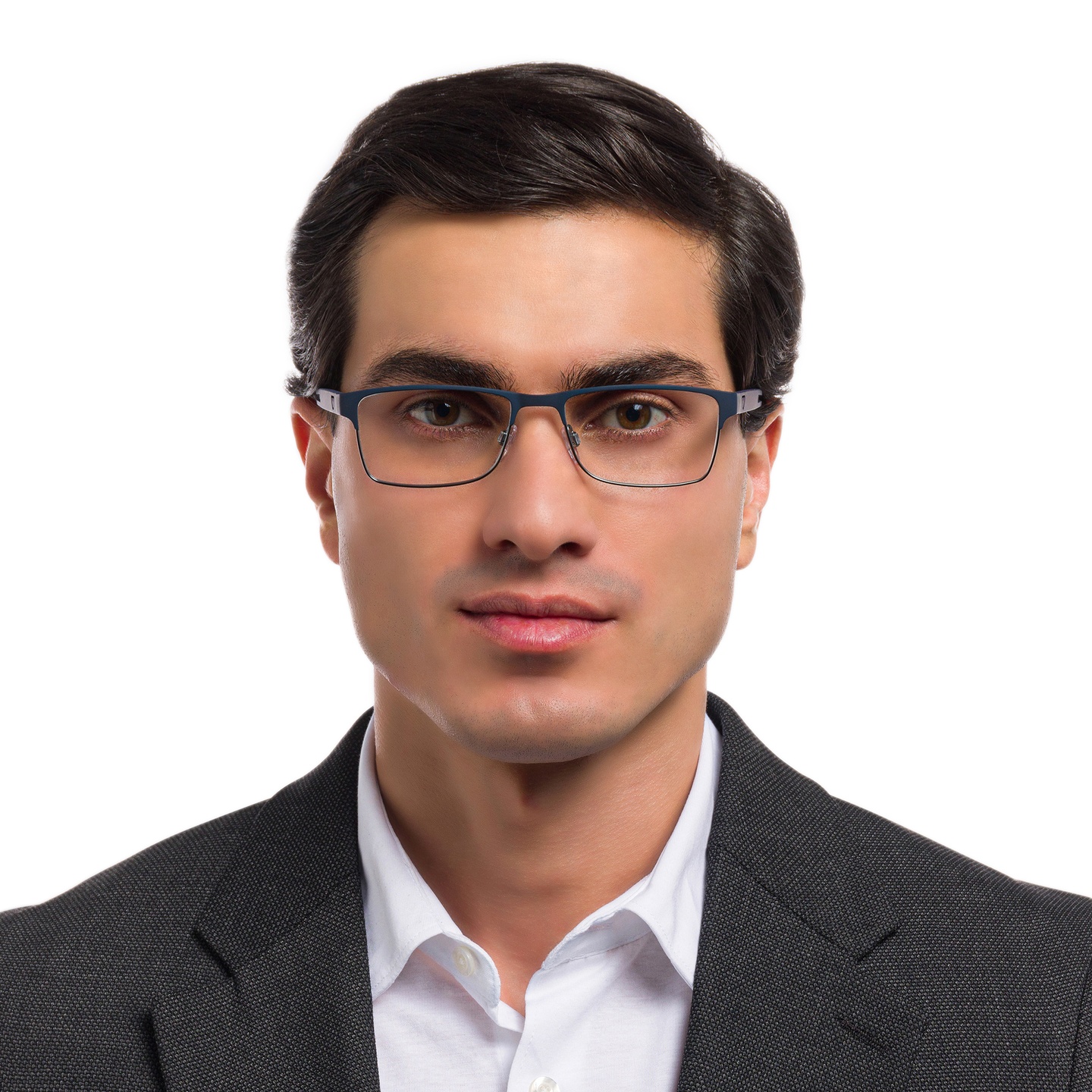 Emporio Armani Rectangle Eyeglasses in Rubber Blue & Gunmetal – Model Photo 1