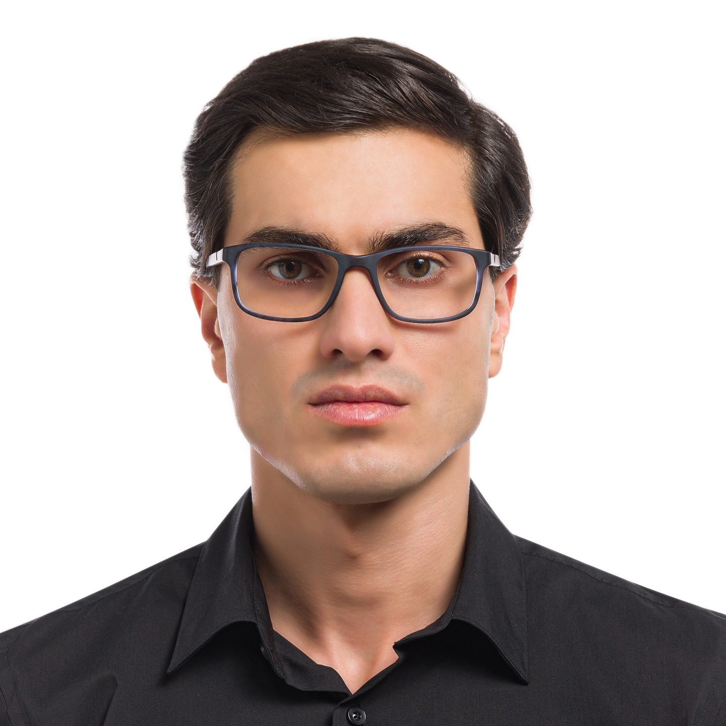 Emporio Armani Rectangle Eyeglasses in Matte Striped Blue – Model Photo 1