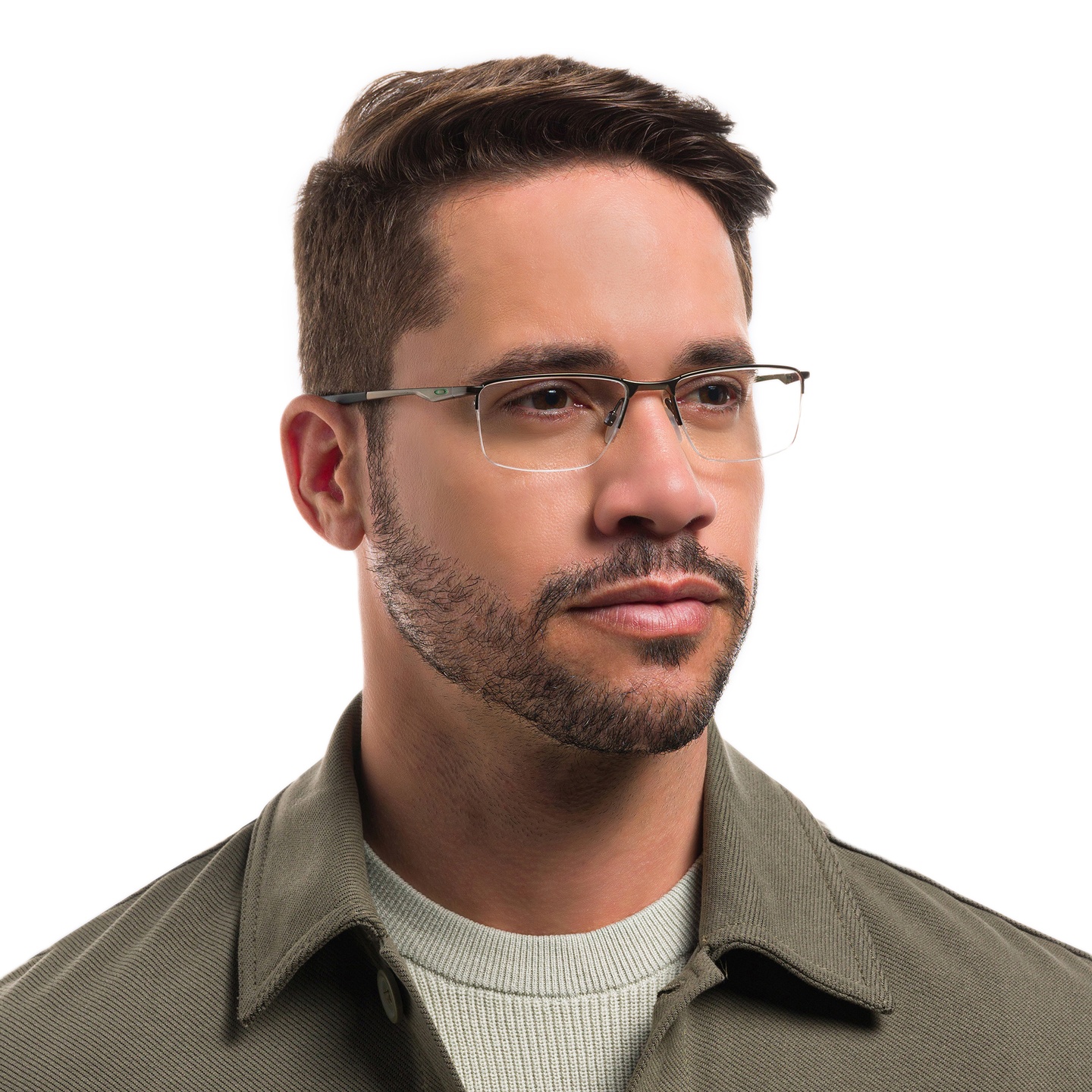 Oakley SOCKET 5.5 Half-Rim Rectangle Eyeglasses in Satin Pewter – Model Photo 1