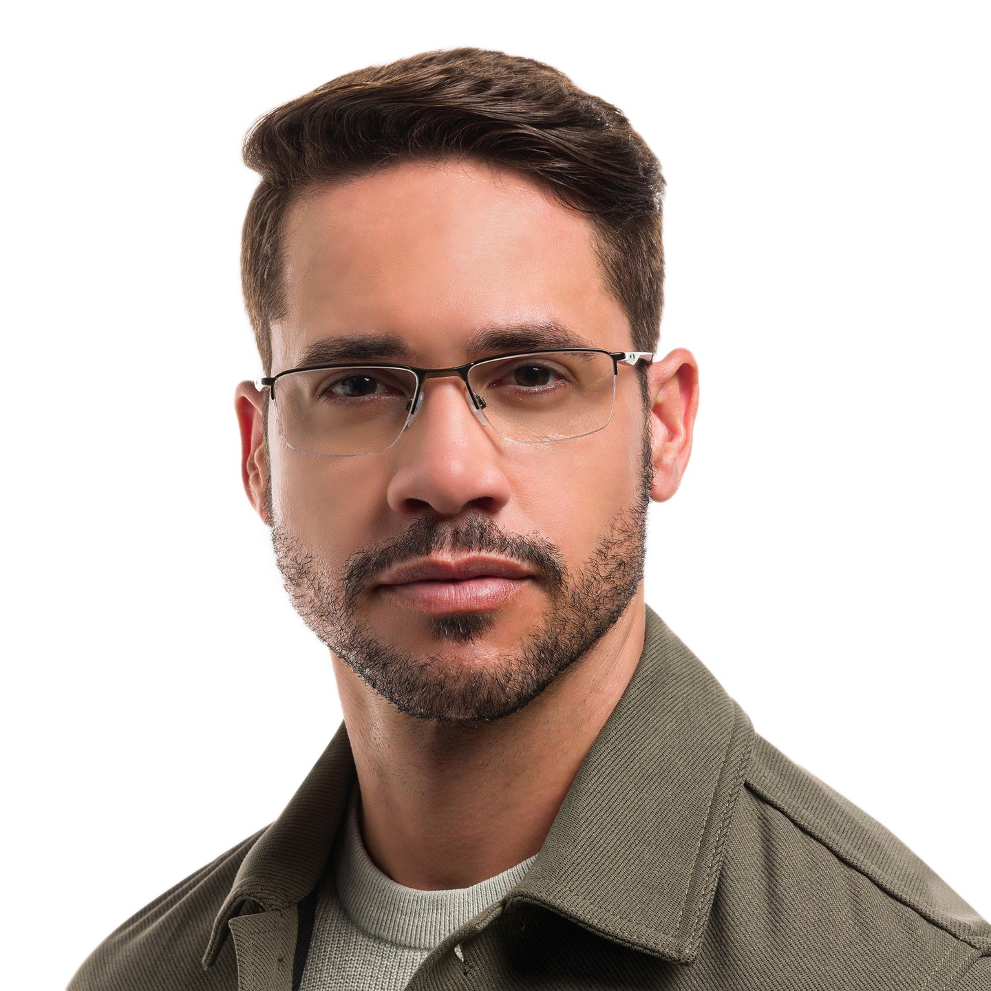 Oakley SOCKET 5.5 Half-Rim Rectangle Eyeglasses in Satin Pewter – Model Photo 4