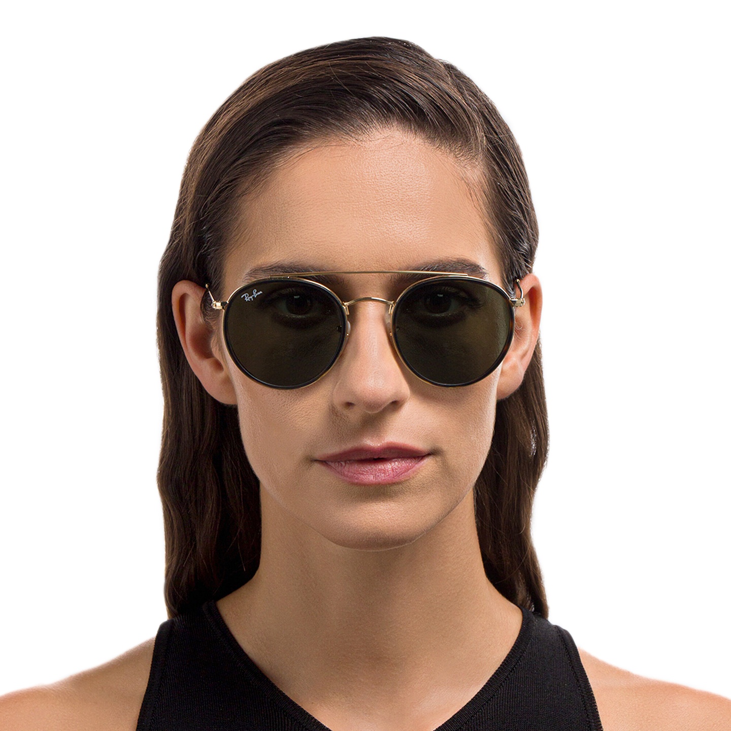Ray-Ban Round Double Bridge Sunglasses in Gold – Model Photo 1