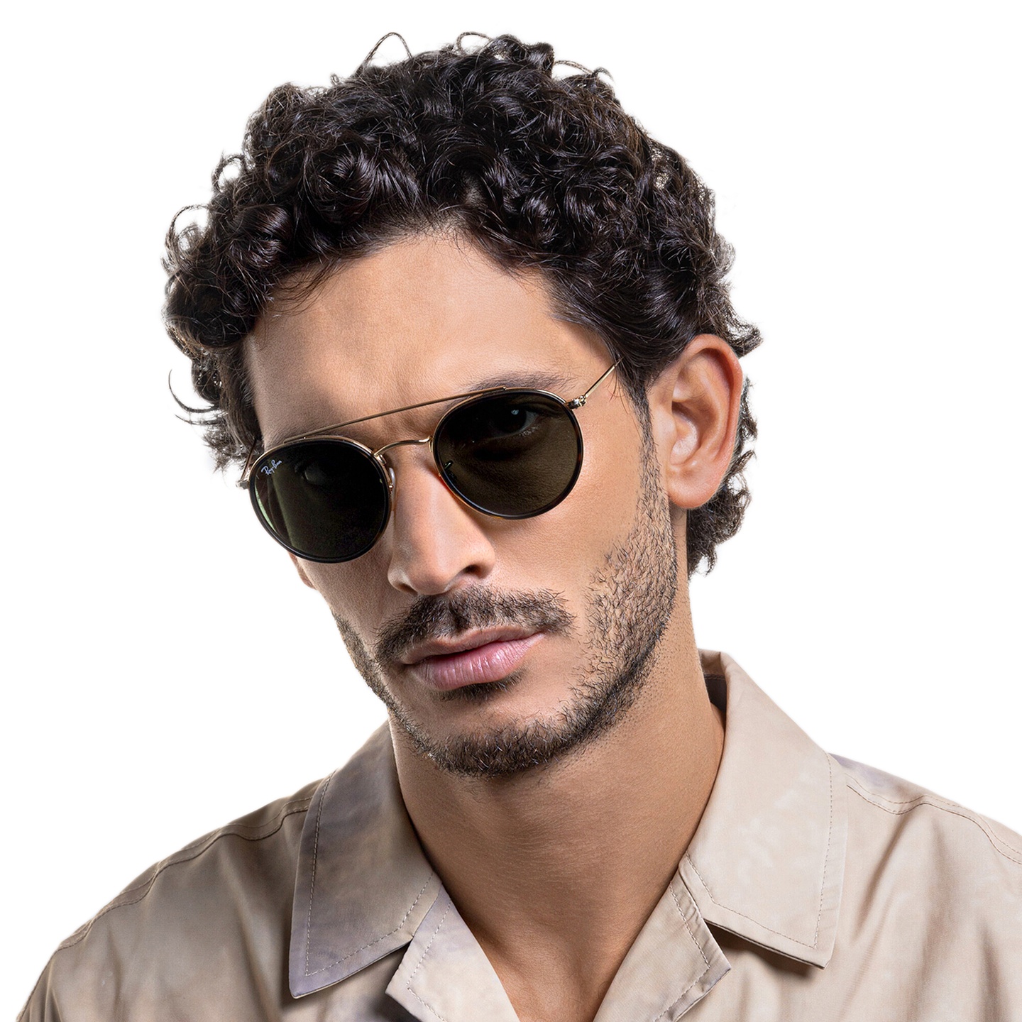 Ray-Ban Round Double Bridge Sunglasses in Gold – Model Photo 5