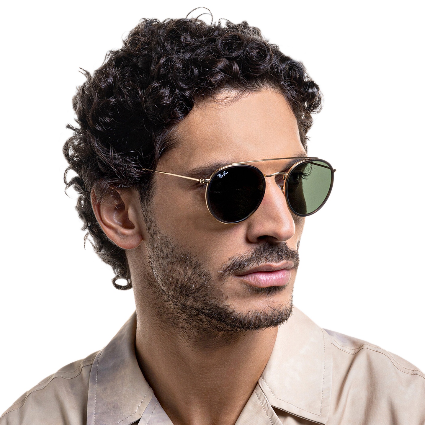 Ray-Ban Round Double Bridge Sunglasses in Gold – Model Photo 6