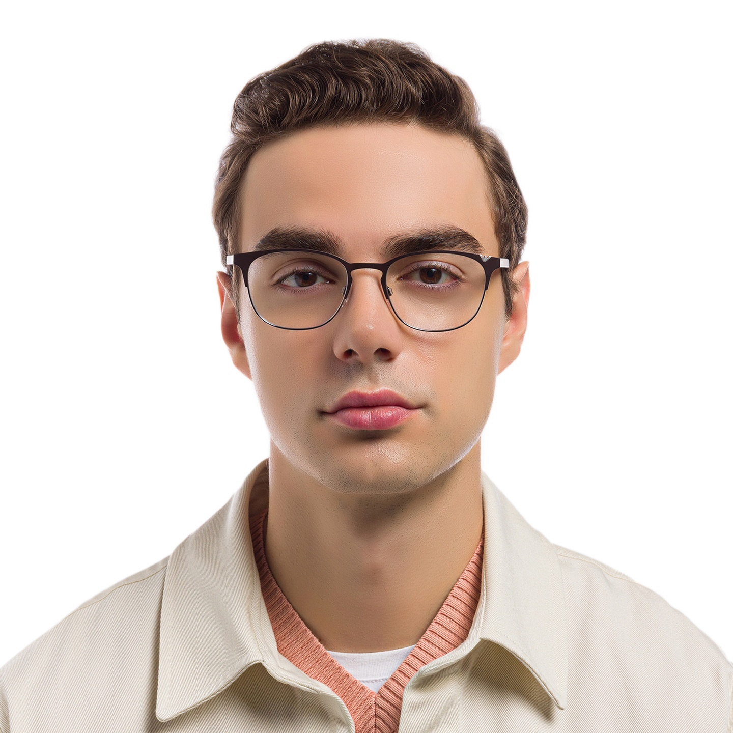 Emporio Armani Oval Eyeglasses in Matte Brown & Gunmetal – Model Photo 1