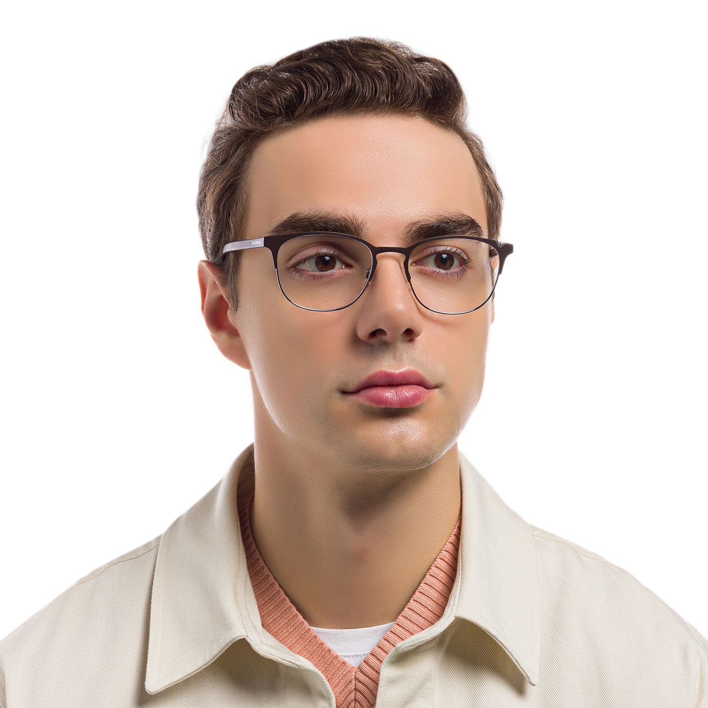 Emporio Armani Oval Eyeglasses in Matte Brown & Gunmetal – Model Photo 4