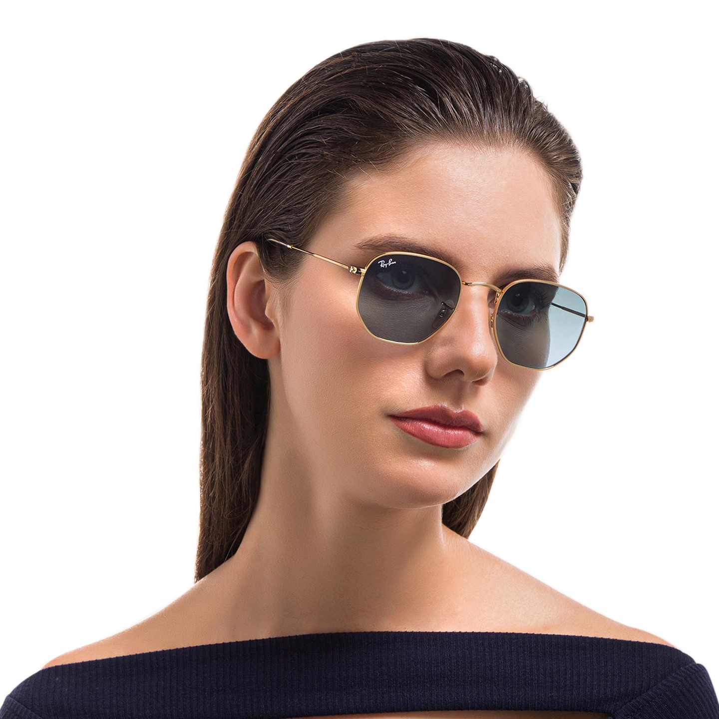 Ray-Ban Hexagonal Unisex Sunglasses in Gold – Model Photo 1