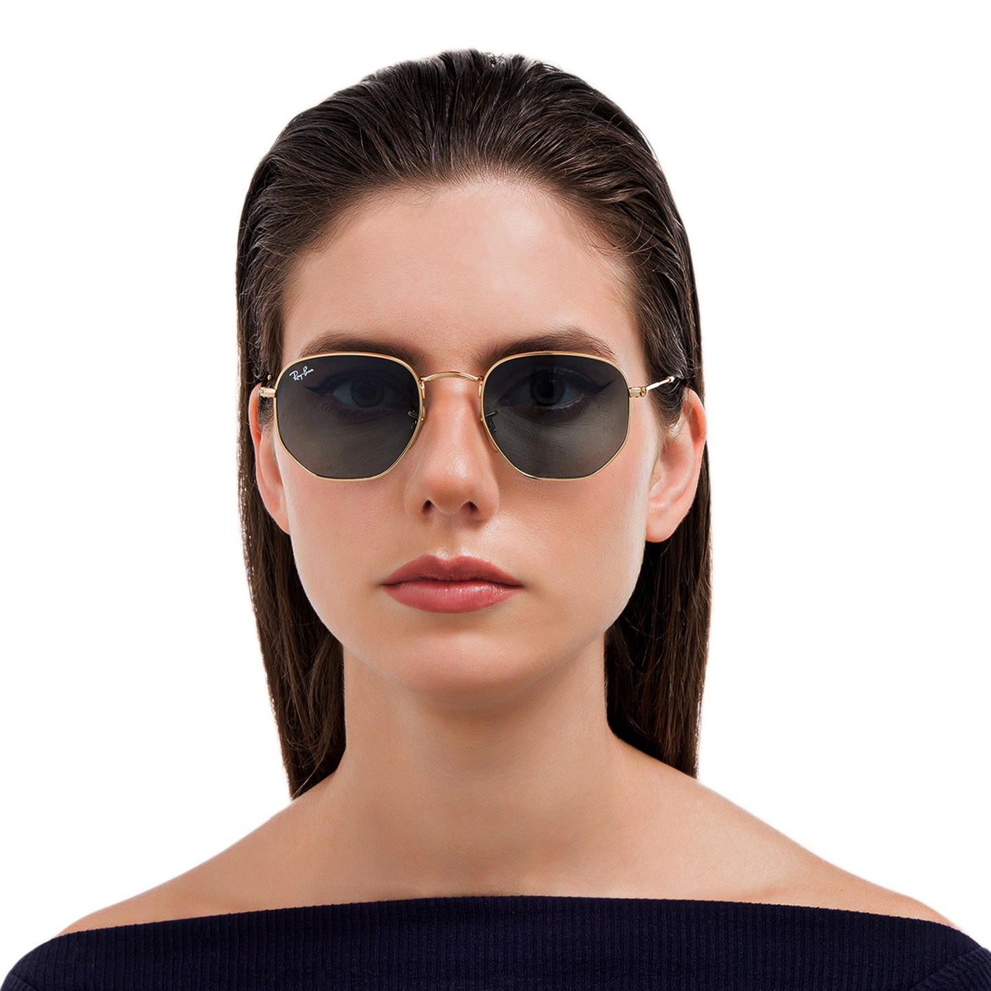 Ray-Ban Hexagonal Unisex Sunglasses in Gold – Model Photo 4