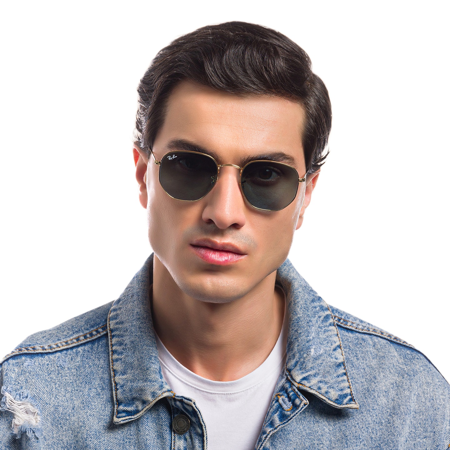 Ray-Ban Hexagonal Unisex Sunglasses in Gold – Model Photo 5