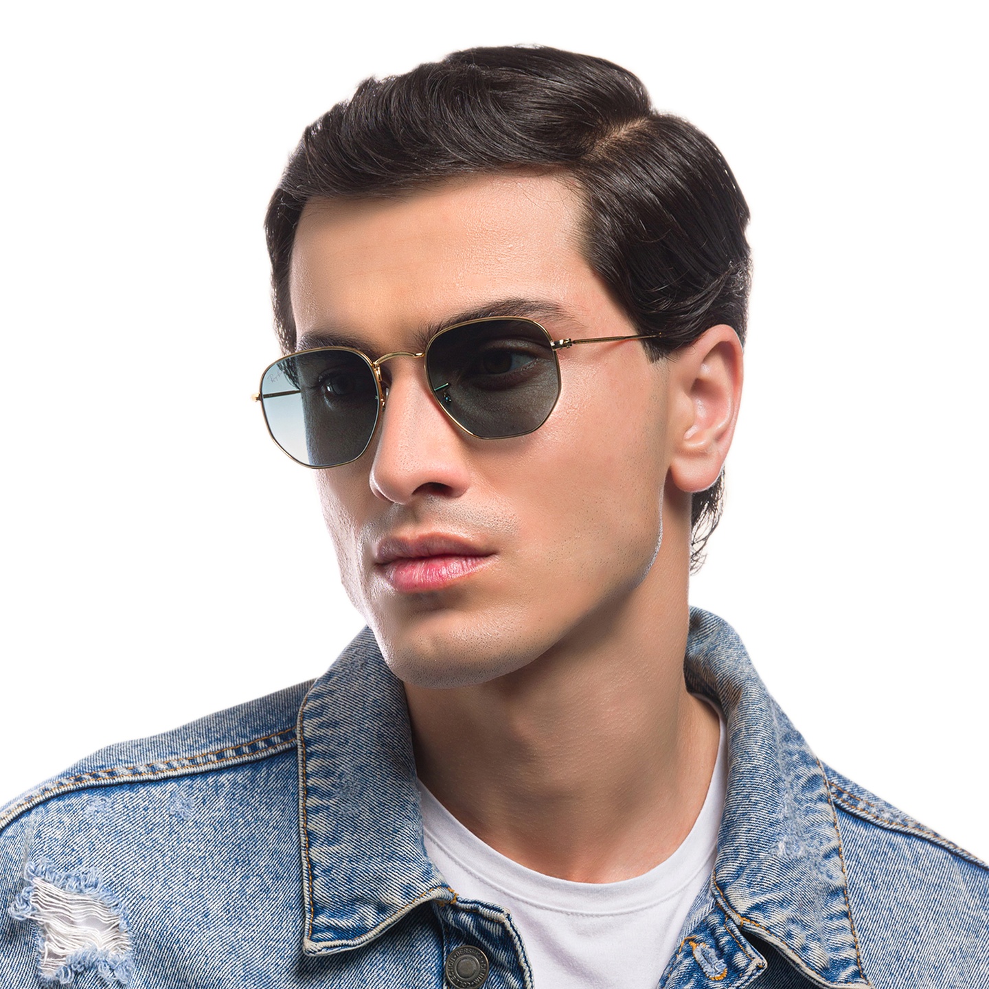 Ray-Ban Hexagonal Unisex Sunglasses in Gold – Model Photo 6