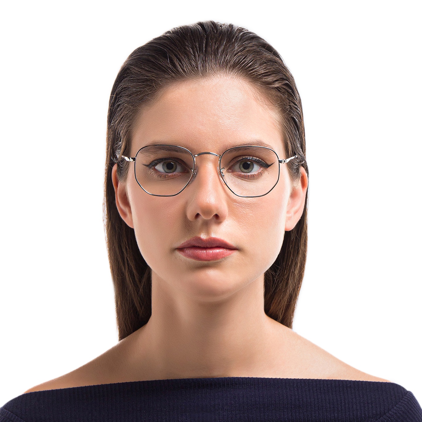 Ray-Ban Unisex Hexagonal Irregular Eyeglasses in Silver – Model Photo 1