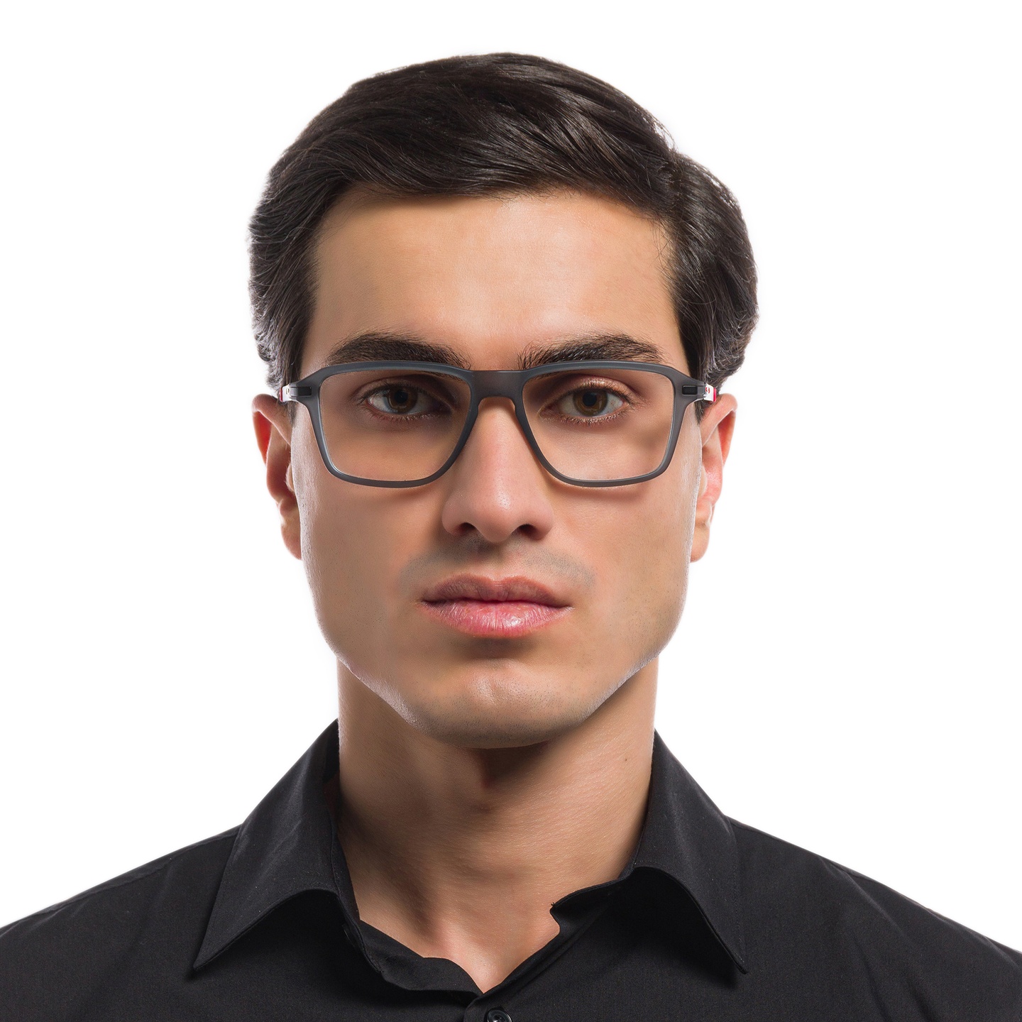 Oakley Wheel House Square Eyeglasses in Satin Grey Smoke – Model Photo 1