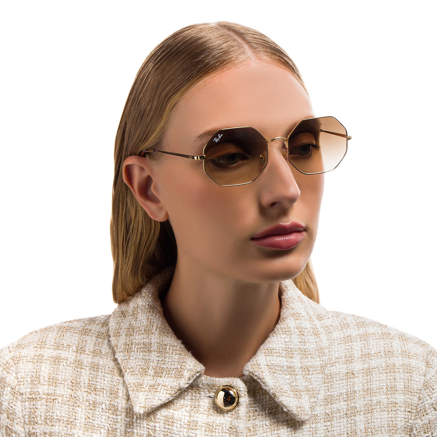 Ray-Ban Irregular Sunglasses in Gold – Model Photo 4
