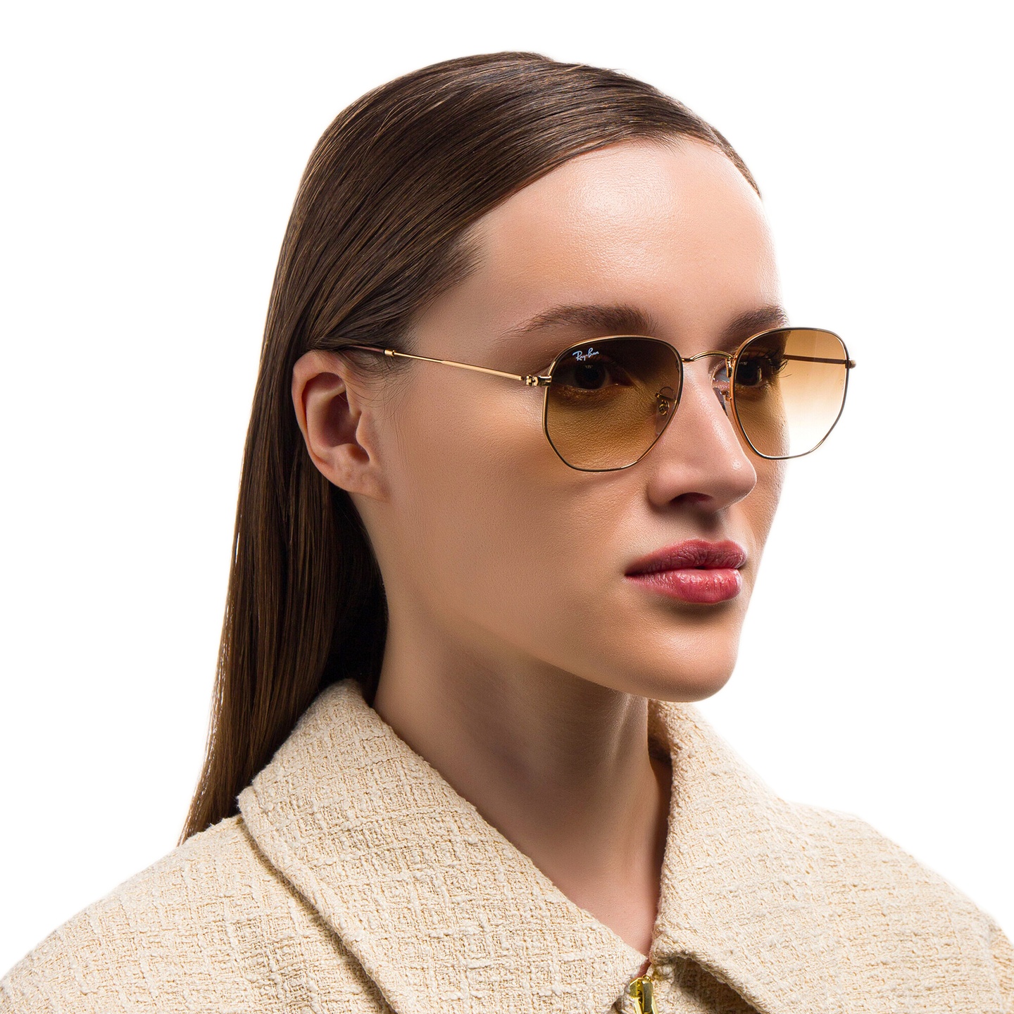 Ray-Ban Hexagonal Unisex Sunglasses in Brown – Model Photo 1