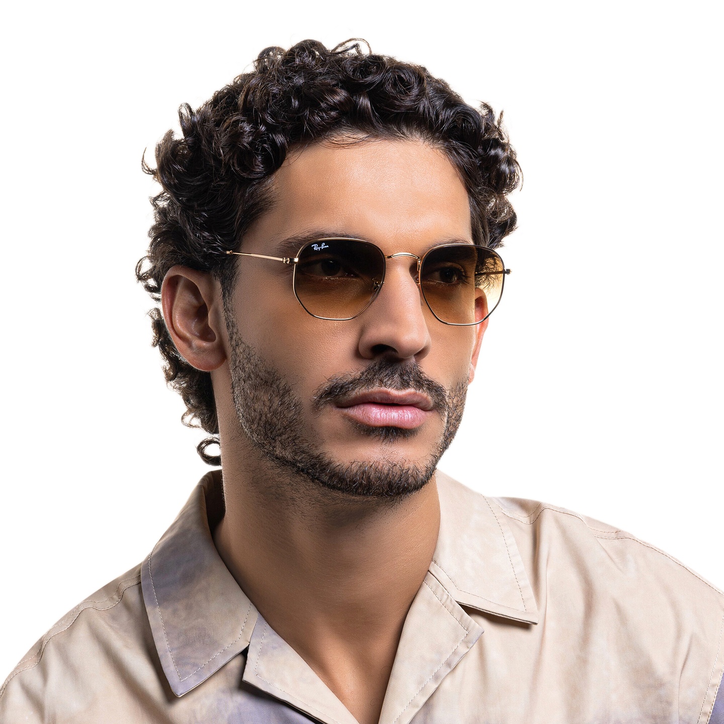 Ray-Ban Hexagonal Unisex Sunglasses in Brown – Model Photo 7