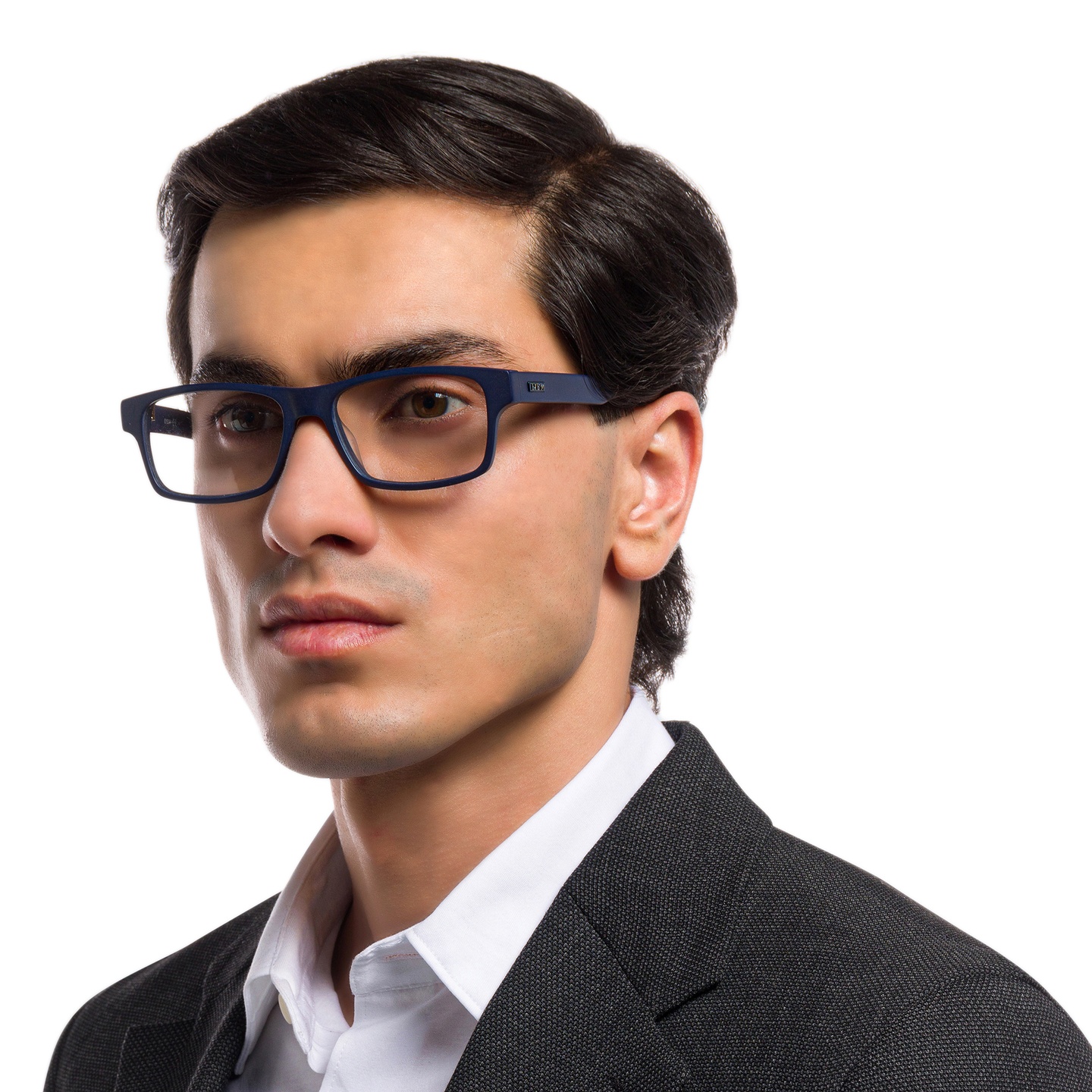 EYE'M Rectangle Eyeglasses in Blue – Model Photo 1