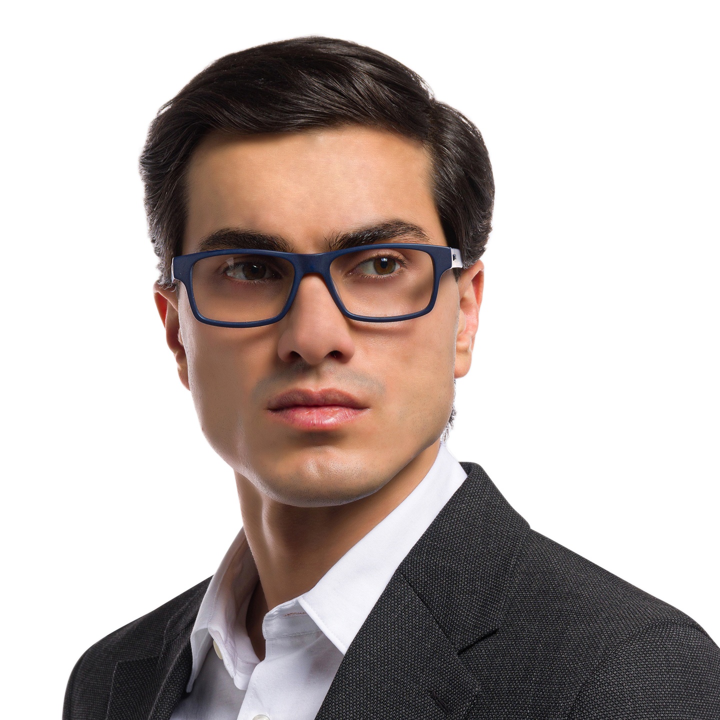 EYE'M Rectangle Eyeglasses in Blue – Model Photo 4