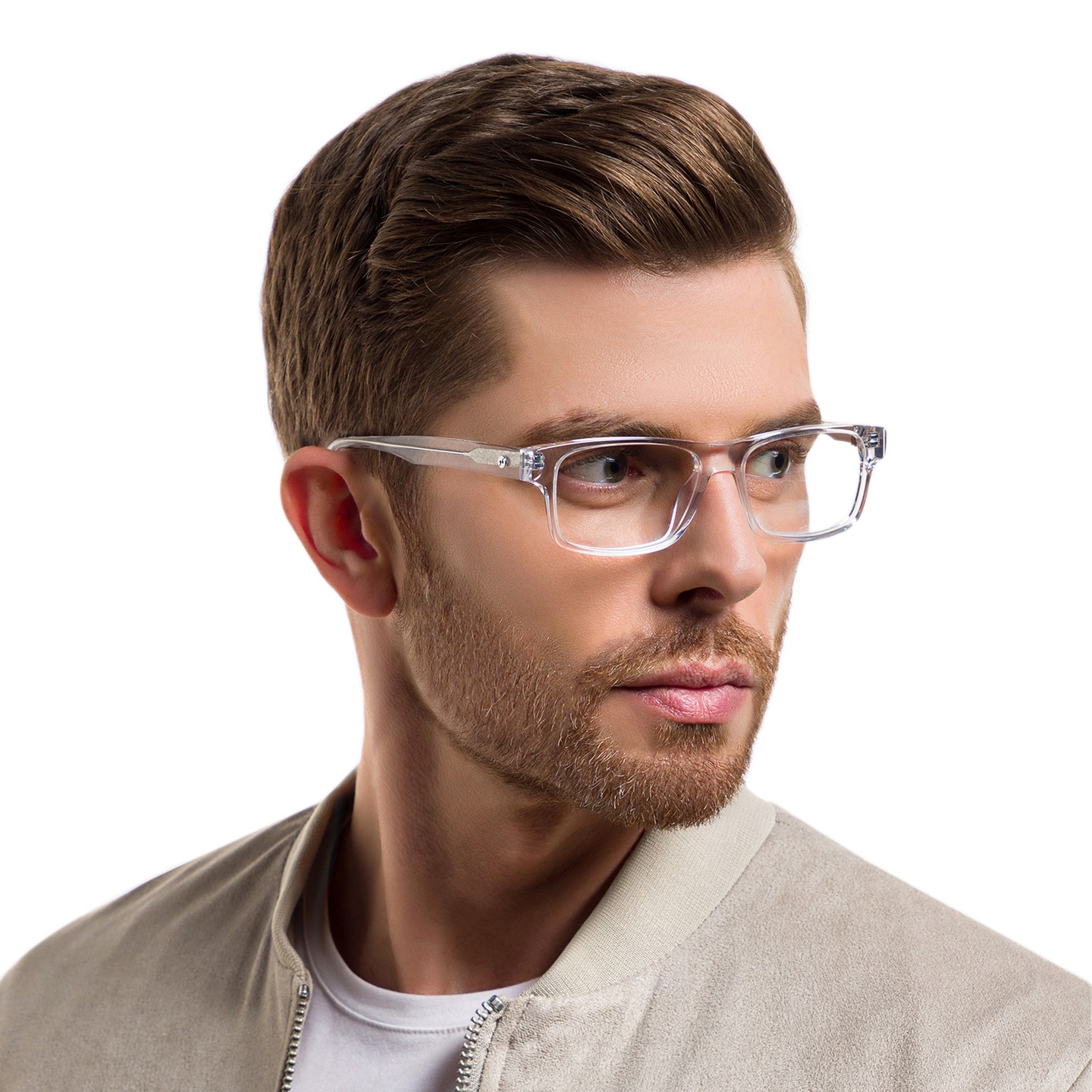 EYE'M Rectangle Eyeglasses in Clear – Model Photo 1