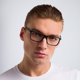 EYE'M Rectangle Eyeglasses in Matte Black – Model Photo 2