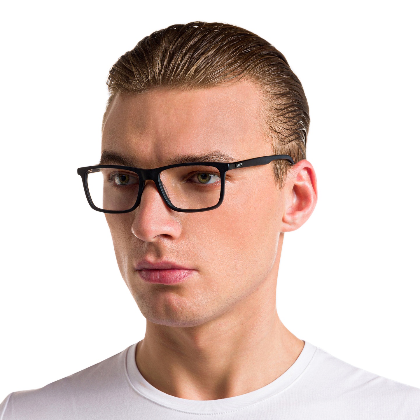 EYE'M Rectangle Eyeglasses in Matte Black – Model Photo 4