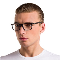 EYE'M Rectangle Eyeglasses in Matte Black – Model Photo 5
