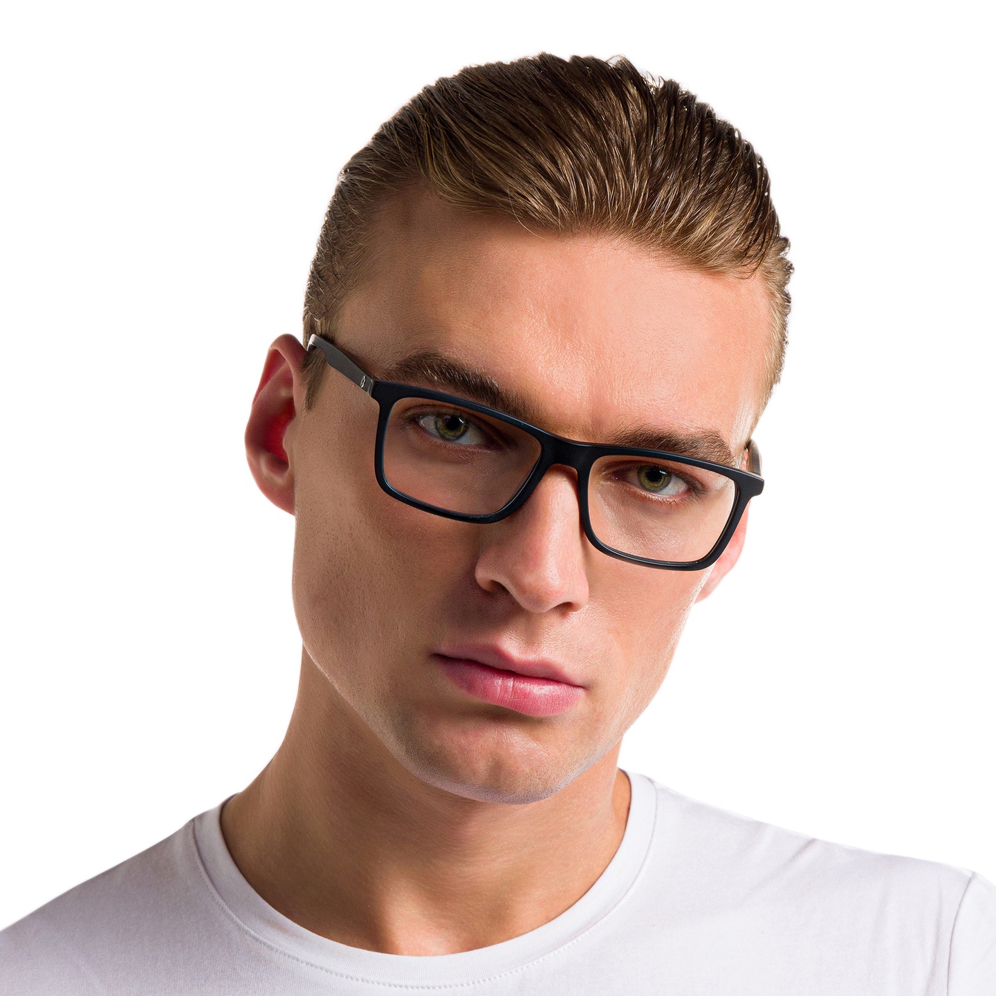 EYE'M Rectangle Eyeglasses in Matte Black – Model Photo 5