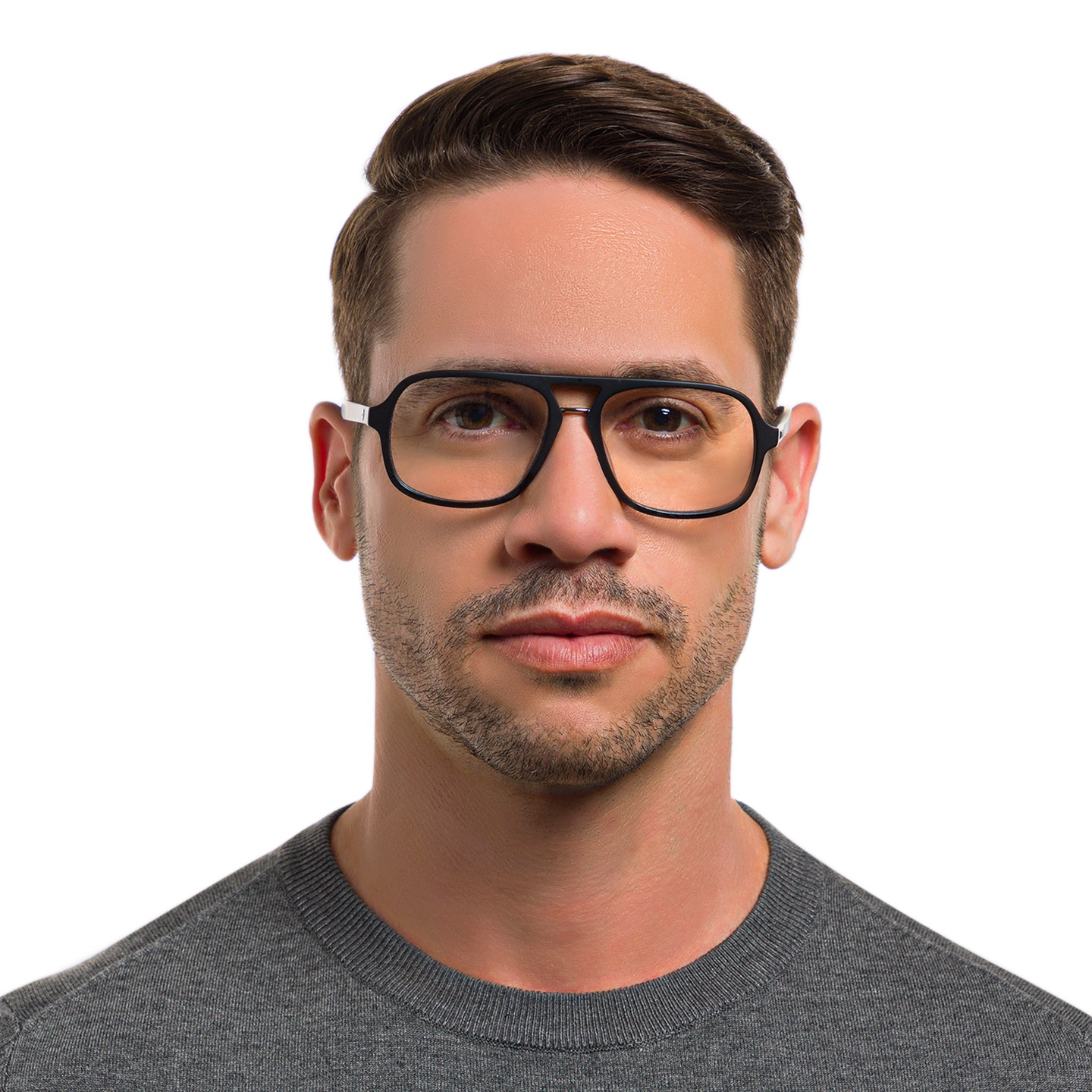 EYE'M Aviator Eyeglasses in Black & Silver – Model Photo 1