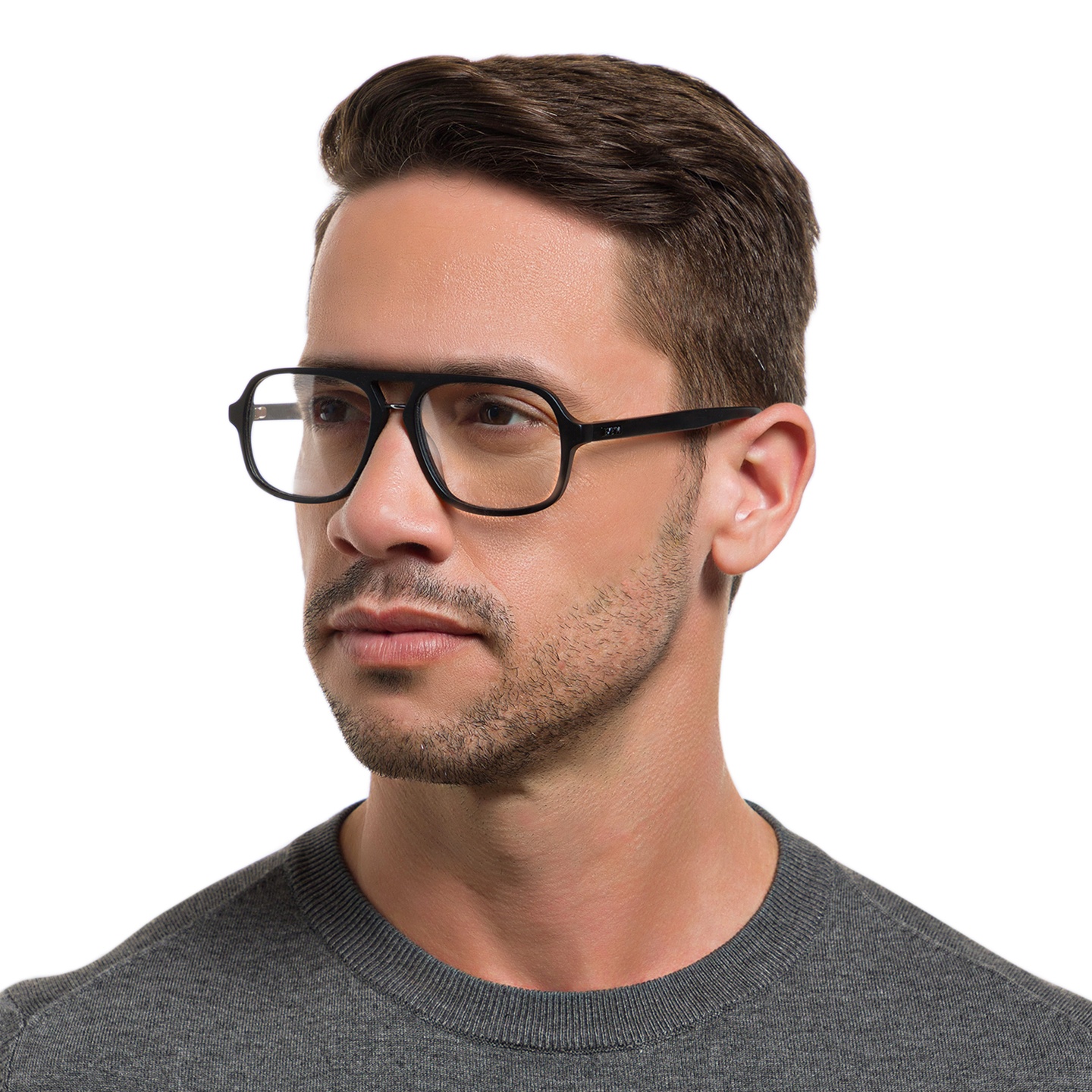 EYE'M Aviator Eyeglasses in Black & Silver – Model Photo 4