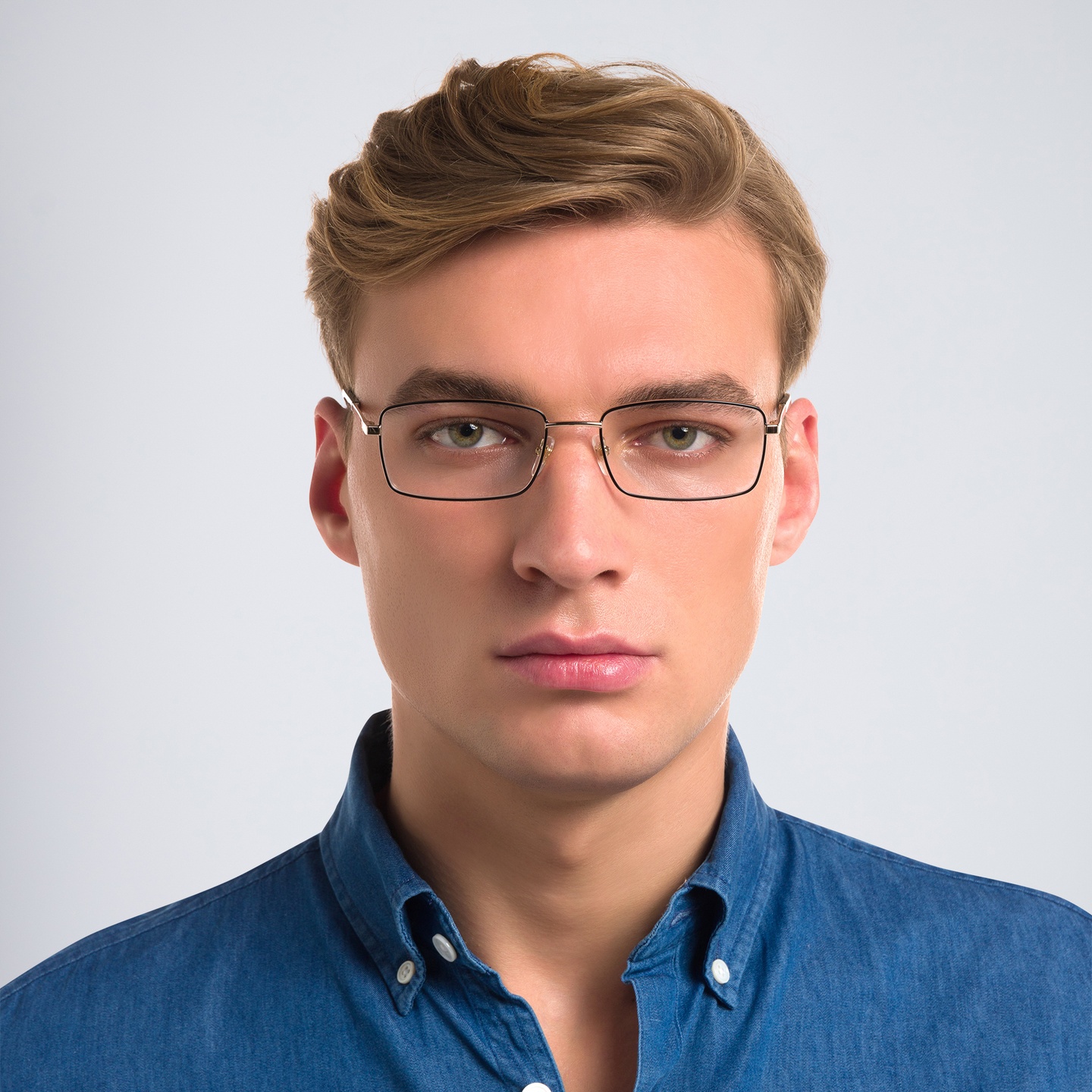 Shop EYE'M Wide Rectangle Eyeglasses in Gold Black online.