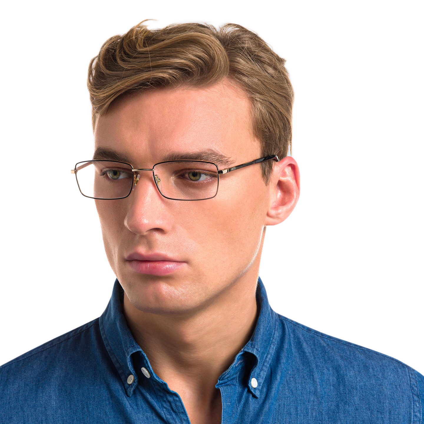 Shop EYE'M Wide Rectangle Eyeglasses in Gold Black online.