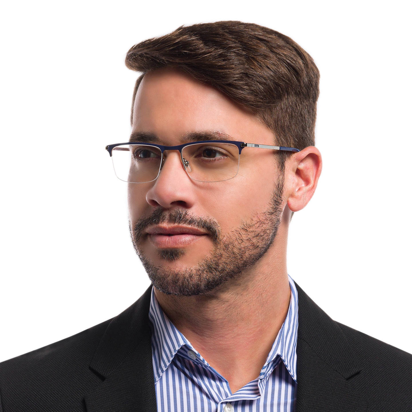 EYE'M Half Rim Rectangle Eyeglasses in Blue – Model Photo 1