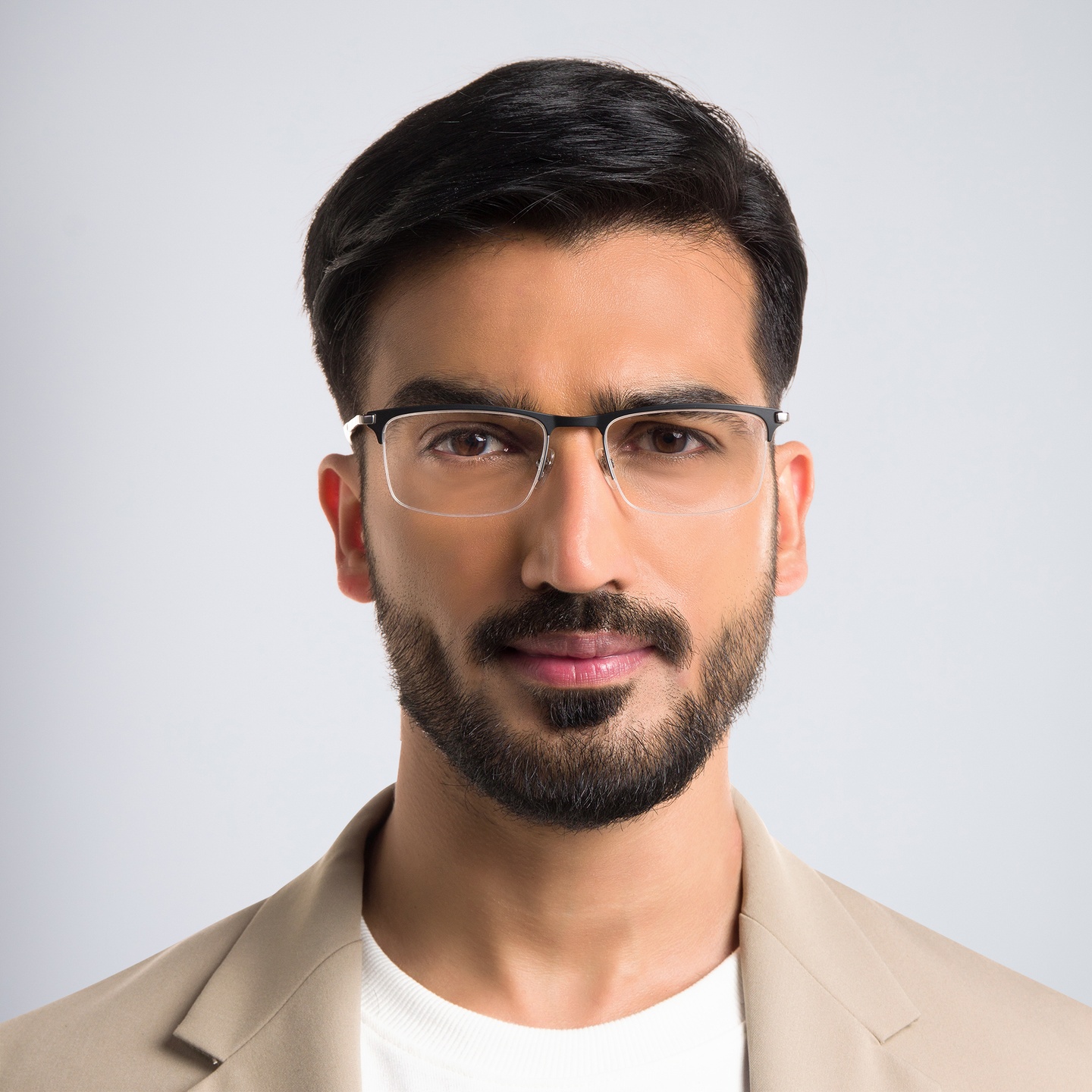 EYE'M Half Rim Rectangle Eyeglasses in Black – Model Photo 1