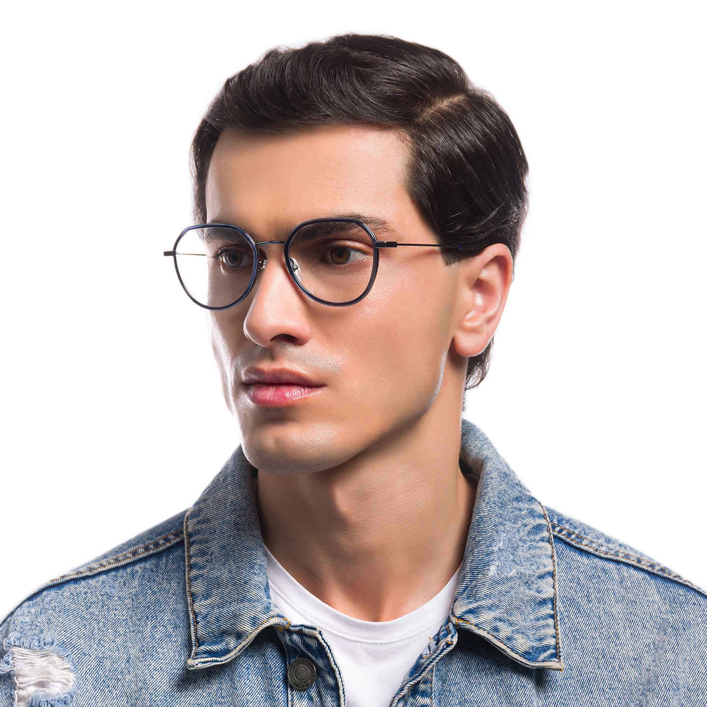 EYE'M Unisex Round Eyeglasses in Blue – Model Photo 5