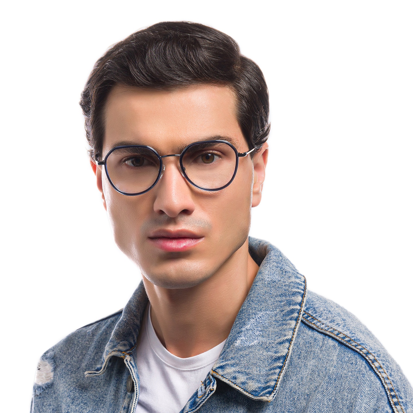EYE'M Unisex Round Eyeglasses in Blue – Model Photo 6