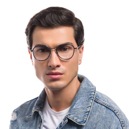 EYE'M Unisex Round Eyeglasses in Blue – Model Photo 7